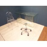 Modern contemporary glass desk and 2 clear plastic contemporary chairs 75H x 140W