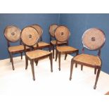 Druce & Co. set of six mahogany and canework dining chairs with oval backs, canework seats on