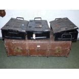 Vintage trunk and three WWII tin boxes