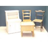 Decorative cream painted bedside cupboards painted commode and 2 single chairs, 83cmHx55cmW