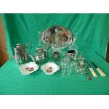 Hallmarked silver candle sticks, mixed silver plate, 3 glass decanters etc