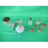 Hallmarked silver and glass dressing table pot and 2 scent bottles