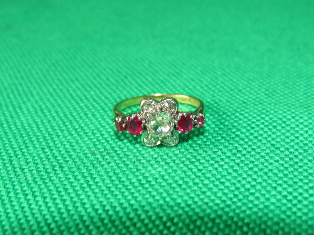 18ct gold diamond and ruby cluster ring, set in platinum mount, size M 1/2 3.5g