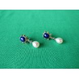 Silver 18ct gold, lapis ear clips with sapphire and pearl drop