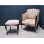 C19th cabriole legged stool, Edwardian inlaid mahogany armchair