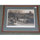 After H.D. 1909 Cowhand with cattle, black and white etching, signed in pencil on mount