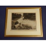 After J Yates Carrington, Terrier at waters edge, black & white etching