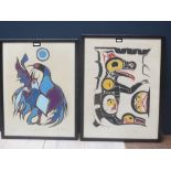 Pair of ltd coloured prints of Canadian Indian Spirits, one signed and stamped and other stamped,