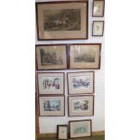 Three hunting prints, four continental prints and others