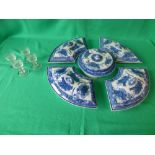 Spode blue and white hors d'oeuvre set and 4 cut glass sherry glasses