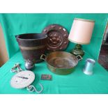 Oak brass bound bucket, Arts and Crafts style and copper charger and brass pan etc