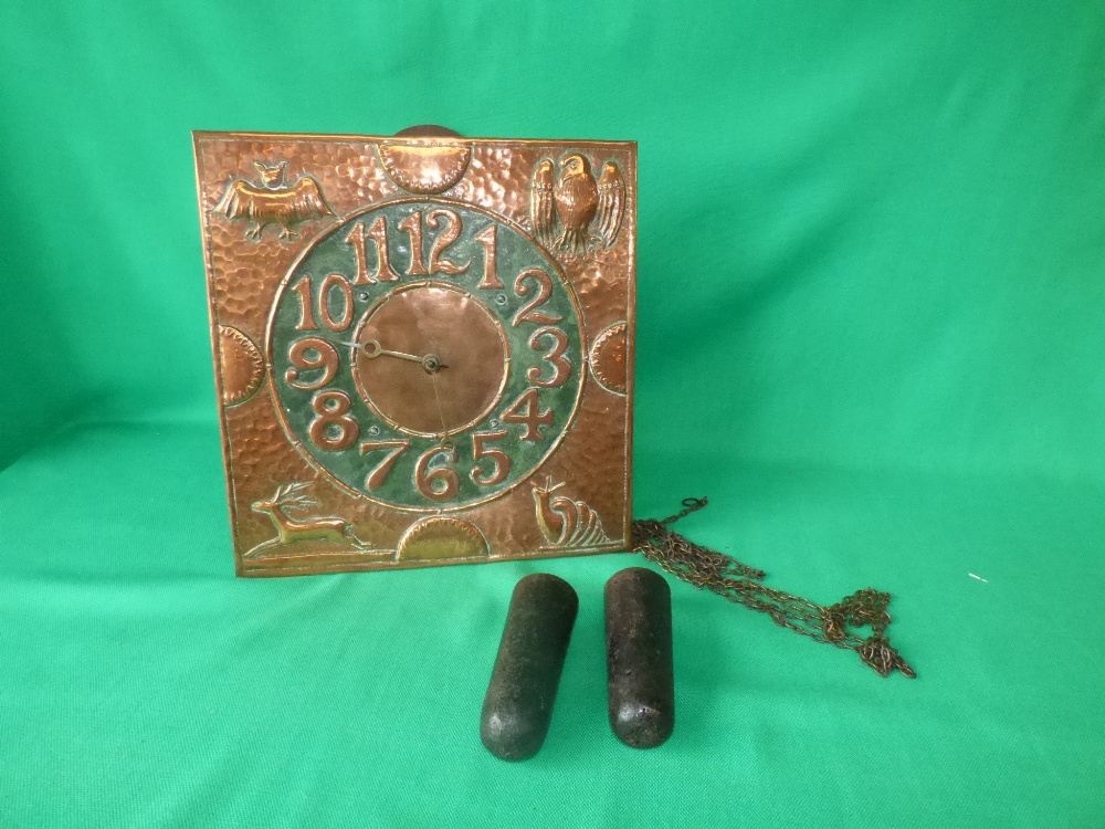 German beaten copper square faced wall clock with hanging chains & 2 weights 30 cm square - Image 2 of 2