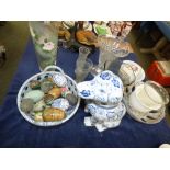 Blue & white seated dog, qty of stone & other eggs & misc. glass & china & 3 lamp bases