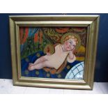 Gilt framed oil painting on glass portrait of infant Jesus holding the light of God, 33cm x 41cm