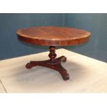 Victorian rosewood crossbanded tilt top circular dining table on pedestal triform base. 122 dia