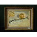 Oil on board, "Still life fish & onions", old label VERSO, RA1944 Exhibition, indistint signature to
