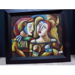 Modern school a signed oil painting portrait of masked ball figures, signed, 49cm x 59.5cm