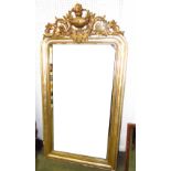 Regency gesso silvered framed overmantle mirror with gilded vase & foliat finial overall 158Hx83cmW