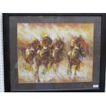 An impressionist equine oil painting study of horserace jockeys at full gallop, signed 39cm x 50cm