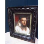 Oil painting portrait of a monk in carved dark wood frame, 24cm x 19cm