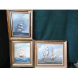 Three C20th oils depicting tall ships & a contemporary beach scene, oil on canvas (rolled)