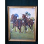 A J Goodman (C20th) Two racehorses at full gallop, oil on canvas, signed, dated '89, lower right,