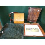 Qtty of collectables including wooden oval mirror, cabinet, 2 decorative trays, wooden desk tidy,