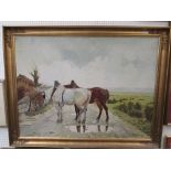 S Blegrad, Two horses in a landscape, oil on canvas, signed & dated 1945, 89cmx120cm