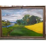 Large oil on canvas of a country river scene in contemporary frame 102x150 by G.S.Wissinger
