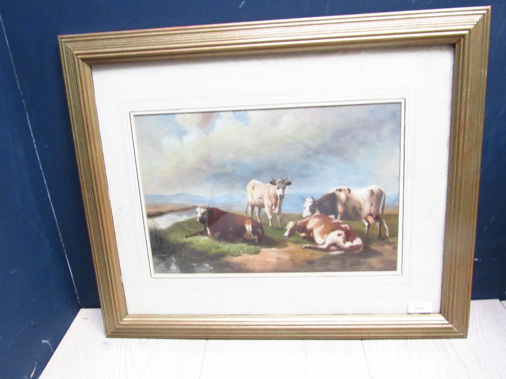 Gilt framed oil painting study of cattle in a pastoral landscape, 25cm, 38cm