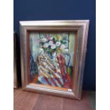 A studio framed oil painting still life of flowers and porcelain on a table setting, signed, 59cm