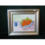 George Wissenger - Still Life of Pears and Oranges, oil on canvas, laid on board, monogrammed,