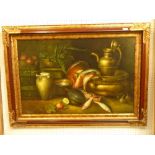 Modern oil on board, still life, in decorative gilt and wooden frame, 90x60cm