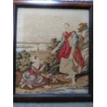 French wool picture Circa 1850 of 2 ladies in a country scene, walnut frame 61x51