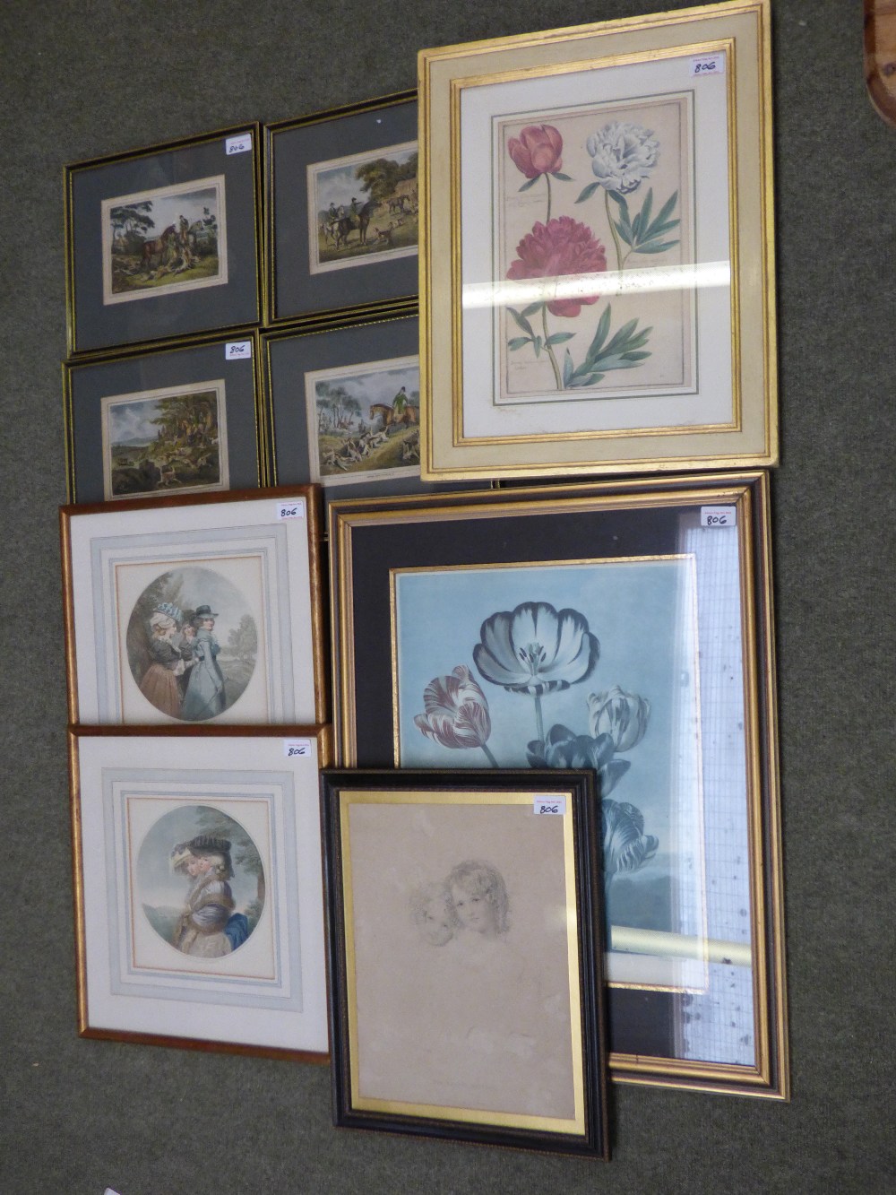 4 coloured prints of hare hunting and mixed prints, framed and glazed