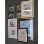 4 coloured prints of hare hunting and mixed prints, framed and glazed