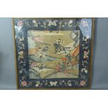 C19th Chinese silk embroidery decorated with warriors in a battle within a border of butterflies and