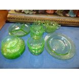 Qty of green pressed glass