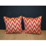 2 pink/white silk cushions, zig zag pattern 48x48cm