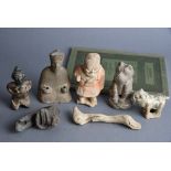 Three Chinese pottery tomb figures and two pottery figures of mythical beast, Tang Dynasty and