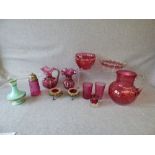 Collections of cranberry glassware & a green opaline vase