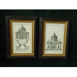 Two architectural engravings, framed & glazed, "Temple des Beaux-Arts" & "Plan et Façade d'une