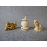 Two bone/bamboo netsukes and an ivory finial (3)