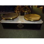 French large set of brass scales, with stamped marks to plates, set on marble platform and wooden