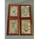 Group of 4 sweet heart embroidered panels, framed & glazed