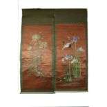 Two pairs of C19th embroidered hanging scrolls, one pair worked with birds and chrysanthemum, and