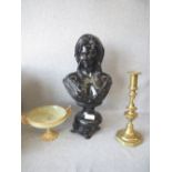 Black painted bust of lady stamped BR to the back, marble and gilt metal dish & brass candle stick