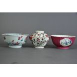 C18th Chinese famille rose ruby-ground lobed bowl, painted with panels of figures, 13.6cm diam;