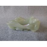 Carved celadon jade lotus brush washer with birds, 9.5cm long