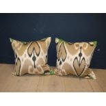 2 green/brown/white/black patterned silk cushions 48x48cm